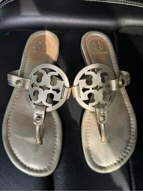 Tory Burch Metallic Gold Logo Cutout Thong Sandals